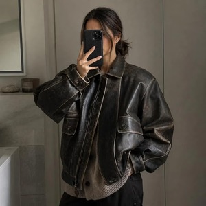 Chaqueta de Cuero Extra Grande para Mujer, Estilo Vintage de los 90, Abrigo de Cuero Marrón, Chaqueta Holgada de Estilo Urbano, Regalo para Ella - Product Image 4