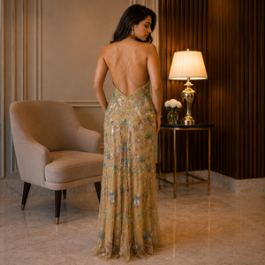 Luxury Floral <b>Sequin</b> Embellished Evening Maxi Gown Deep V Neck Formal Party Dress Premium Wedding Cocktail Prom Dress for Women - Product Image 3