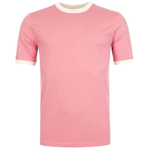 T-shirt rose à manches courtes pour homme avec bordure contrastante, col rond, coupe classique, tricoté, couleur unie - Product Image 1