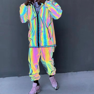 Rainbow Holographic Tracksuit Full <b>Zip</b> <b>Hooded</b> Lightweight Polyester Streetwear Summer Casual Outfit With Side Pockets - Product Image 3