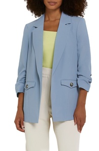 Customized New Fashion High Quality Classic Notched Collar Long Sleeves Front Open Light Blue Blazer Jacket for Women - Product Image 3