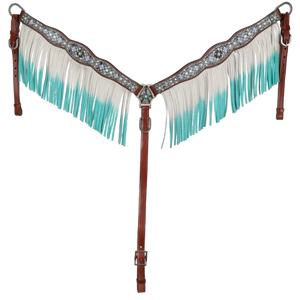 Blue Diamond Browband Headstall White to Blue Fringe Breast Collar and Reins Western Horse Tack Set Premium Handmade Genuine - Product Image 3