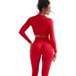 <b>Red</b> Two Piece Yoga Set Scoop Neck Sleeveless <b>Crop</b> <b>Top</b> High Waist Full Length Leggings Seamless Spandex/Nylon Plus Size Front - Product Image 1