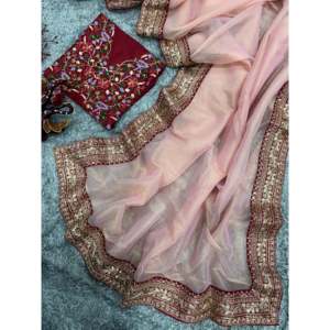 Designer Traditional Muslim Saree with Stunning Sequins Cording Embroidery Work Lace Border - Product Image 5