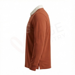 Polo à manches longues pour homme en coton tricoté, couleur rouille, avec poche, coupe classique, respirant, design uni - Product Image 3