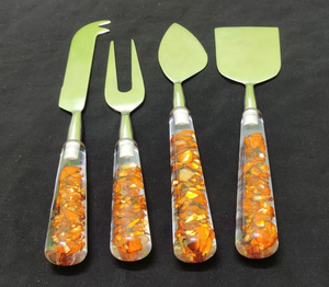 <b>Set</b> 4 High Quality Orange Cheese Knives Clear Wooden Forks Stainless Steel Epoxy Resin Spoons Best Price Beautif Kitchen - Product Image 2