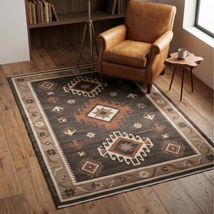 Tapis décoratif en laine noué à la main marron et beige, motif géométrique tribal traditionnel, pour salon, maison, hôtel - Product Image 5