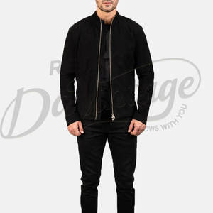 Chaqueta de cuero de gamuza negra para hombre, piel de oveja auténtica, corte ajustado, estilo casual para otoño e invierno, tipo bomber, con cierre de cremallera. - Product Image 4