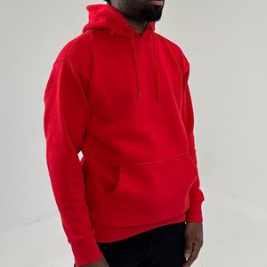 Sudadera con Capucha Roja para Hombre, 100% Algodón, Felpa Francesa, Corte Regular Informal, Color Sólido, Diseño con Bolsillo, Ropa de Otoño - Product Image 4
