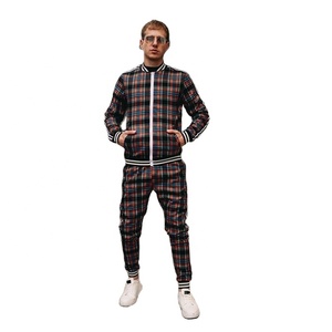 Urban Men's Check Print Sublimated Bomber <b>Jacket</b> Track Suit With Zip Enclosure Ribbed Hem & Cuffs Side Stripe Zipper Sweat Suit - Product Image 3