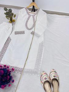 White Embroidered Salwar Kameez Set with Palazzo and Dupatta for Women - Product Image 6