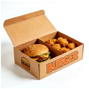 Boîte à burger avec compartiment pour frites, en carton kraft rouge, auto-érectible, impression quadricolore, emballage alimentaire jetable - Product Image 3