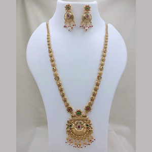 JewelEMarket Traditional Pota Stone and Pearl Designer Long Necklace Set Gold Plated Bridal Festive Ethnic <b>Jewellery</b> for Women - Product Image 3
