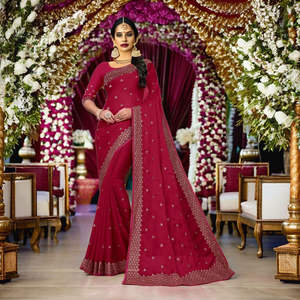 Sari en soie Rangoli avec broderie Zari en cuivre lourde et travail de pierres, blouse assortie - Vêtements indiens et pakistanais - Product Image 1