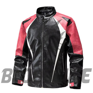 Men's Black Red PU Leather Moto <b>Biker</b> <b>Jacket</b> Stand Collar Zipper Closure Color Blocking Autumn Wear - Product Image 6