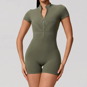 Women's Seamless Short Sleeve Turtleneck <b>Yoga</b> <b>Bodysuit</b> High Waist Zip Front Stretch Spandex Polyester Print Gym Fitness - Product Image 4