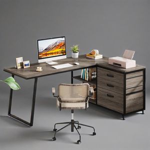 Reversible Corner 53-Inch Industrial L-Shaped <b>Desk</b> for Home Office 3-Drawers with Shelves for PC <b>Study</b> and Writing - Product Image 5