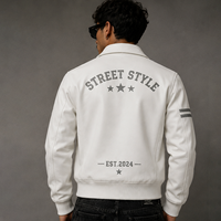 Blouson Bomber Homme en Cuir Véritable Blanc, Col Rabattu, Fermeture Éclair, Doublure Polaire Coupe-Vent, Style Urbain, Logo Avant, Automne