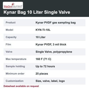Sac d'échantillonnage de gaz TECHINSTRO Kynar 10 litres en film PVDF, à valve unique, étanche, pour l'échantillonnage des odeurs et de l'air des COV - Product Image 6