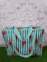 Sac de plage léger à fermeture éclair en coton rayé turquoise avec imprimé homard côtier et motif nautique Hak Interprises