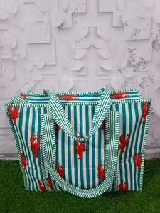 Coastal Lobster Print Quilted Zipper Lightweight Turquoise Striped Cotton <b>Beach</b> Nautical Pattern Shoulder Tote <b>Bag</b> Handcrafted - Product Image 2