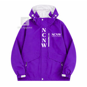 Veste coupe-vent et imperméable personnalisée NCNW Council, violette et blanche, en polyester, manches longues, fermeture éclair sur le devant, logo brodé - Product Image 1