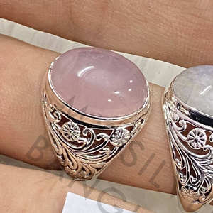 Anillos de plata de ley 925 con diseño floral, piedra preciosa de cuarzo rosa natural, anillo victoriano para joyería a precio de mayoreo. - Product Image 2