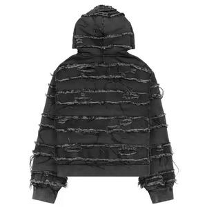Veste à capuche zippée noire pour homme avec design patchwork vieilli, style streetwear, matière polaire coupe-vent, coupe classique - Product Image 2