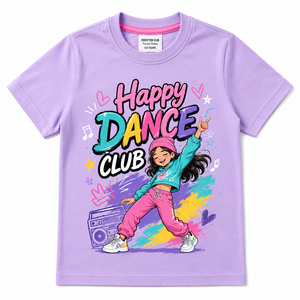Camiseta de Manga Corta con Cuello Redondo, Estampado de Dibujos Animados Happy Dance Club de COTTON CLUB, Transpirable, 180g, para Niños de 5-6 Años, Corte Regular - Product Image 1