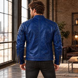 Chaqueta de Cuero Genuino Azul para Hombre, Estilo Café Racer, para Invierno, con Hombros Acolchados Texturizados, Cremalleras de Latón, Puños con Cremallera, Cuello Alto, Seda - Product Image 6