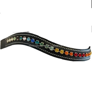 Cinta Frontal para Caballo de Cuero Genuino con Costuras Blancas Premium y Acolchado Suave de Piel de Vaca, con Cadena de Cristales Multicolores de una Sola Hilera - Product Image 1