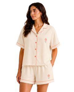 Customized Beige Women Pajama Set Short Sleeve Button <b>Down</b> Sleepwear Floral Embroidery Soft Breathable Summer Lounge Set - Product Image 1