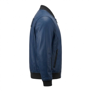 Navy Blue Real Cowhide Leather Bomber Jacket For Mens Custom Logo Patch Quilted Lined Zip Pocket Flight Outerwear Supplier <b>Maker</b> - Product Image 3