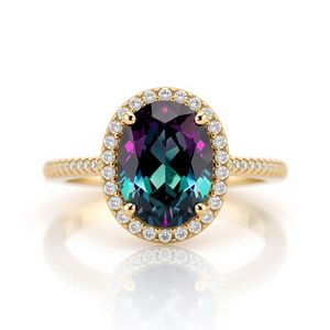 Anillo de Oro Sólido de 9K con Alejandrita de Laboratorio y Diamantes Redondos Cultivados en Laboratorio, Anillo de Joyería Fina de Tres Piedras con Alejandrita Ovalada para Mujer - Product Image 3