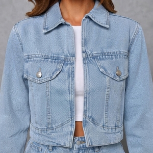 Ensemble coordonné en jean léger pour femme, haut court à manches longues bouffantes, pantalon large décontracté coupe ample, délavage foncé, couleur unie, style vintage - Product Image 5
