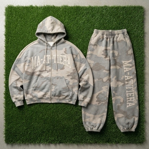 Ensemble de survêtement pour homme gris clair beige camouflage avec sweat à capuche zippé, coupe ample, jambe large, style streetwear, design à empiècements, personnalisable OEM ODM - Product Image 5