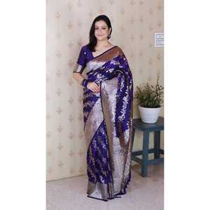 Sari y Blusas de Seda Suave Violeta de la Marca Elite Weaves, Tejido Banarasi Jaal Meenakari con Zari, 650g - Product Image 6