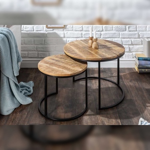 Vandana Modern Core Set of 2 Bedroom <b>Side</b> <b>Tables</b> Elements 60cm Solid Mango <b>Wood</b> Round <b>Black</b> Metal Frame for Dining - Product Image 4