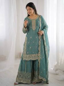 Ensemble Salwar Kameez en soie pure Fandy, brodé, de couleur turquoise, pour femmes, style indien pakistanais, pour mariage, longueur standard, coupe classique - Product Image 6