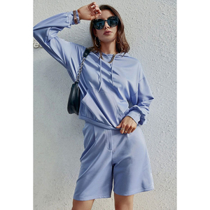 Ensemble sweat à capuche et short bleu clair pour femme, coupe ample, décontracté, deux pièces, en coton tricoté, tenue printemps-été - Product Image 1