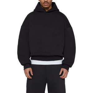 Men's Black Hooded Sweatshirt <b>Set</b> Solid Color French Terry Casual Jogging Outfit Autumn Wear Straight Leg Sweatpants - Product Image 3
