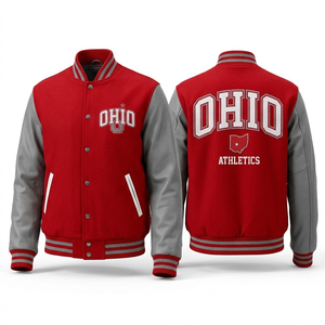 Veste universitaire Ohio Athletics pour homme, rouge et gris, manches en cuir, style bomber, vêtements décontractés d'automne - Product Image 1