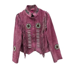 แจ็คเก็ตมอเตอร์ไซค์ทรงเข้ารูปหนัง PU สีชมพู แต่งพู่ ปักลูกปัดด้านหลัง แขนยาว ซิปปิด แบบสั้นสำหรับผู้หญิง - Product Image 1