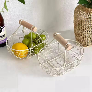Metal Wire <b>Basket</b> with Wood Handle Decorative Serving <b>Basket</b> for Bread Food Fruit <b>Egg</b> Home Organizer Kitchen Storage Fruit Bins - Product Image 1
