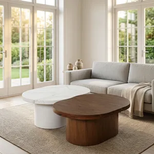 Juego de Mesas de Centro Ovaladas Modernas de Mármol y Madera, Diseño Minimalista, Mesas Encajables, Acabado Natural - Product Image 3