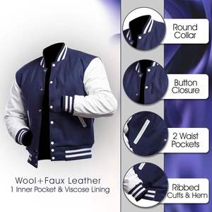 Veste de sport marine pour homme, manches blanches, col rabattu, fermeture boutonnée, couleur unie, style preppy, vêtement d'automne - Product Image 2