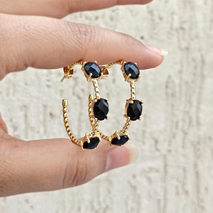 Chunky gold plated earring oval cut black onyx prong set jewelry brass hoops <b>light</b> weight statement jewelry hoop pairs for women - Product Image 5