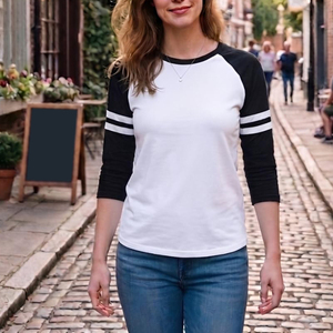 High Quality Women Custom Logo Baseball T-Shirts <b>Raglan</b> <b>Top</b> Contrast Color Sleeve Stripe Streetwear Outfits Sports Style T Shirt - Product Image 6
