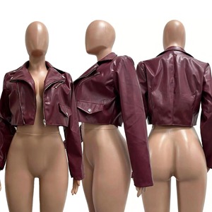 Chaqueta de cuero genuino para mujer, estilo motero, corta, con cremallera, cuello alto, a prueba de viento, para invierno. - Product Image 5