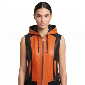 Chaleco de cuero con capucha para mujer, chaleco de cuero sin mangas con cremallera para mujer, chaleco de cuero sin mangas para niña, diseño personalizado - Product Image 1